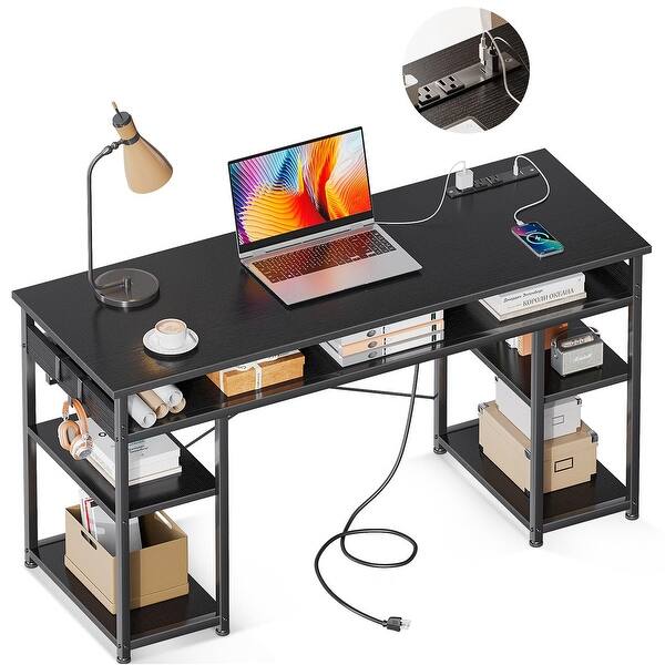 48" Small Computer Desk with Power Outlets & TypeC, Writing Desk with Storage Shelves Headphone